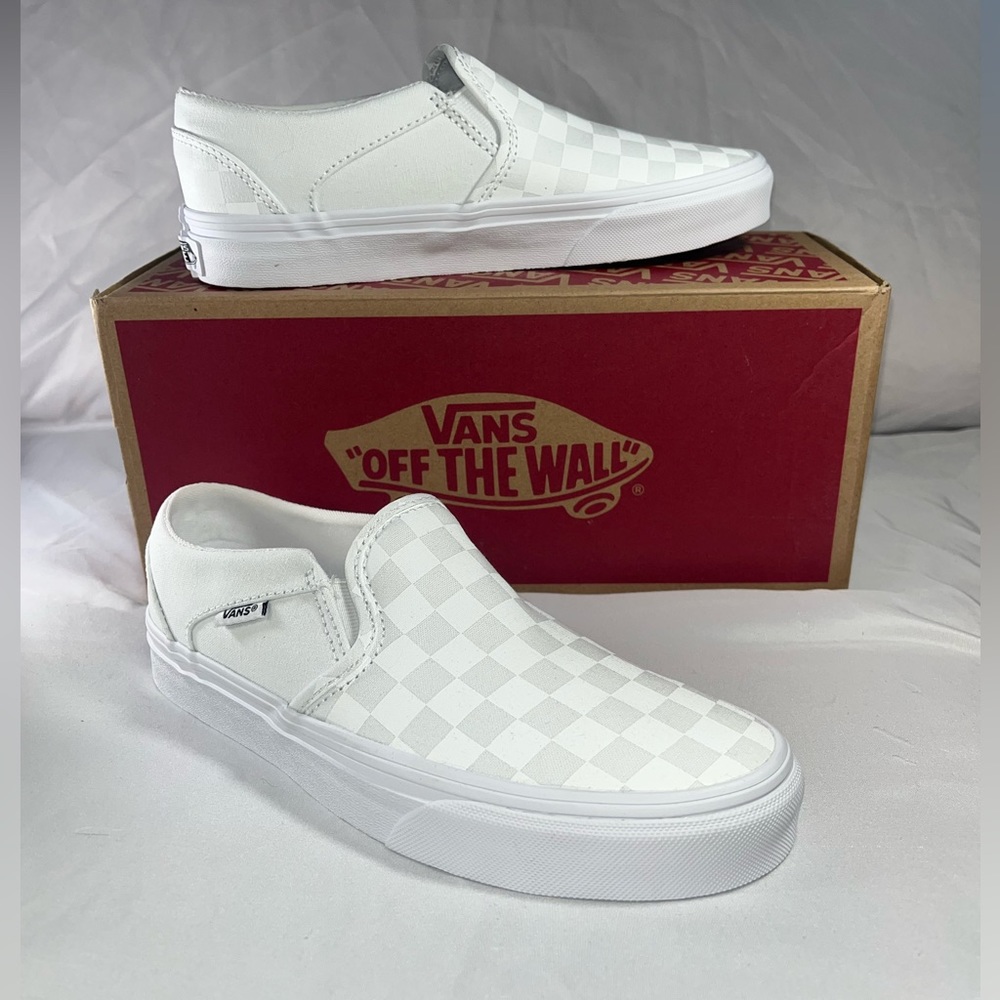 Vans Shoes | Brand New! Woman’s all white (Asher) slip-on checkered Vans!